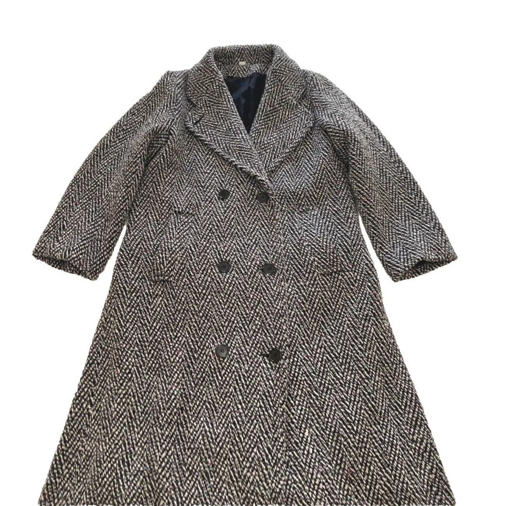 Vintage 80s British Lion Wool Trench Coat Black/White Womens Size 8 Herringbone - Picture 5 of 16
